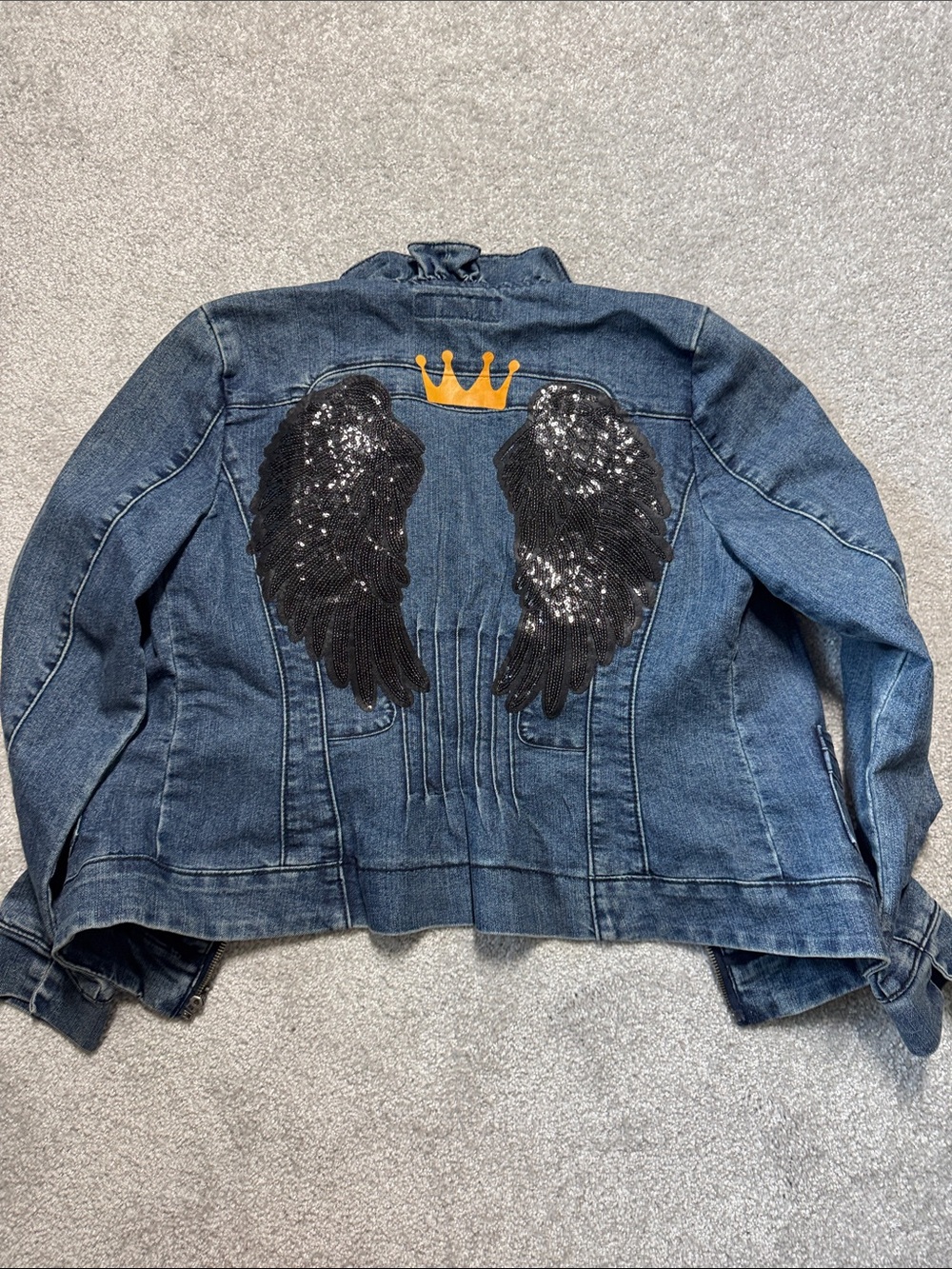 CHRISTIANA ZINN JEAN JACKET PETITE SIZE PM ANGEL WINGS BACK DENIM CROWN